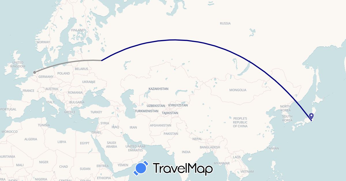 TravelMap itinerary: driving, plane in Japan, Netherlands, Russia (Asia, Europe)
